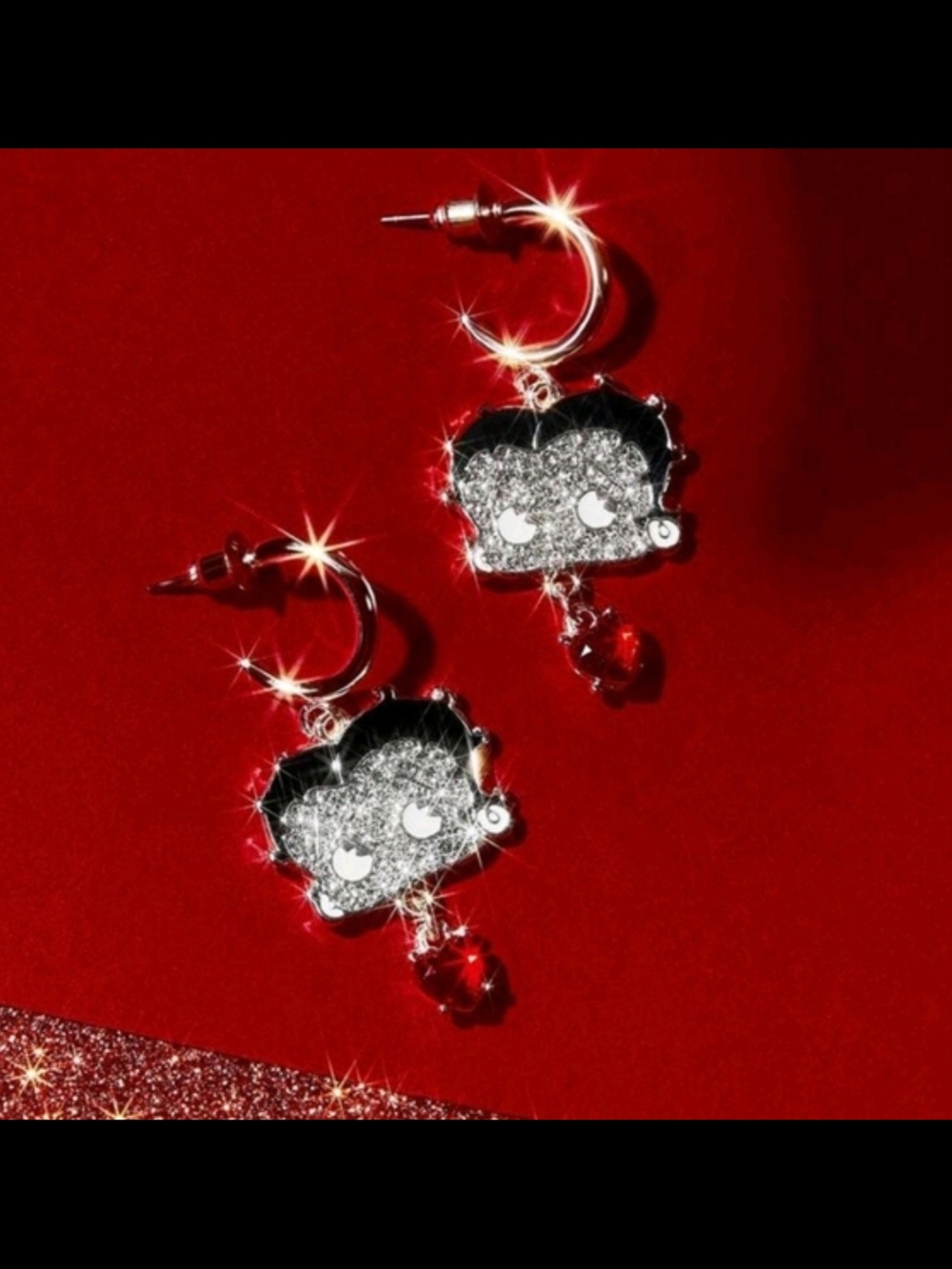 Betty Boop Rhinestone Hoop Earrings Red Heart Dangle NIB